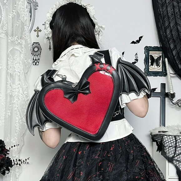Gothic Heart Shaped Ita Bag with Bat Wings Backpack and Crossbody Purse - Picture 3 of 9